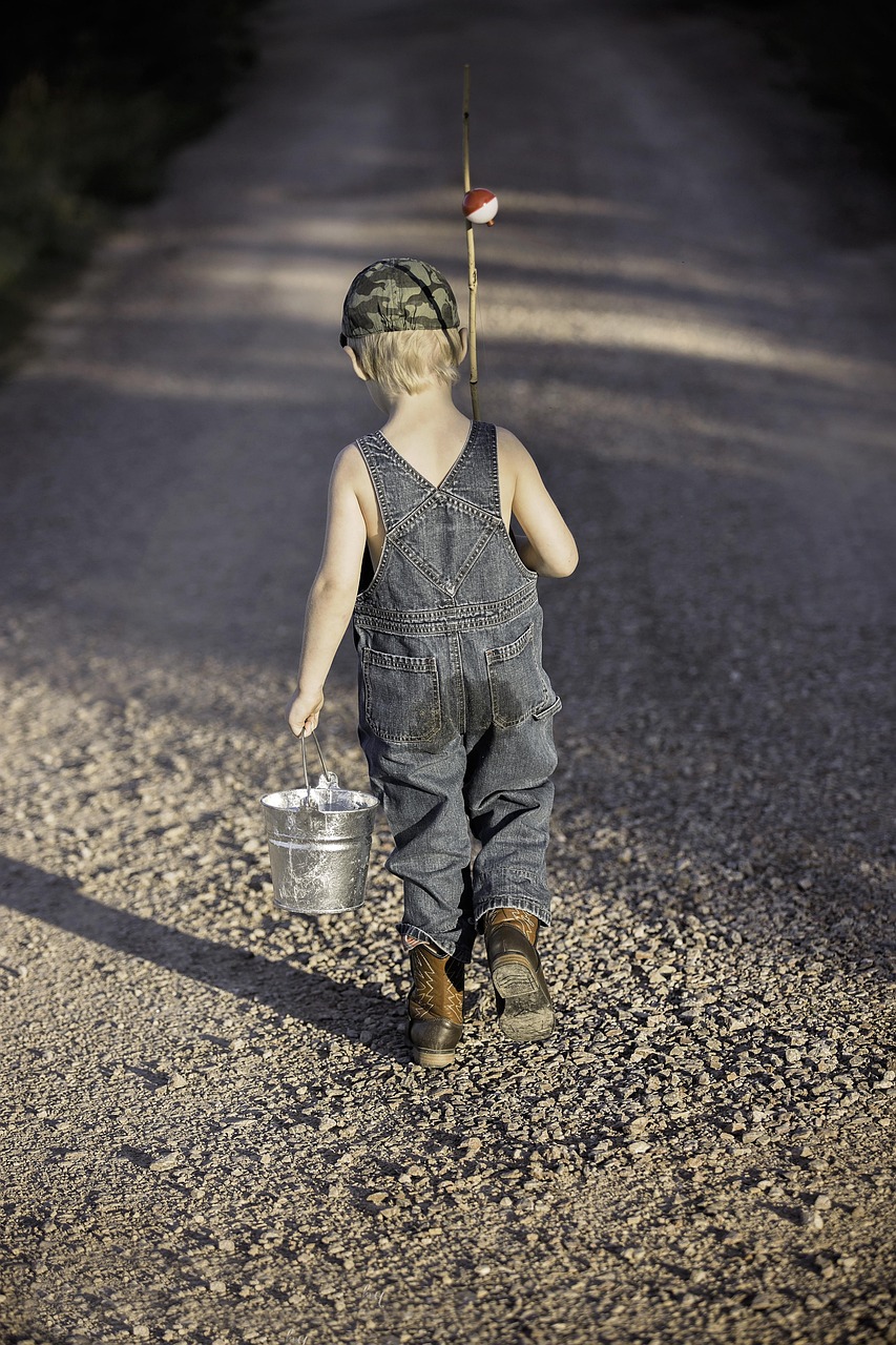 gallery-01 boy, child, fishing rod, bucket, fishing, fisherman, kid, young, small, nature, childhood, walking, summer, adventure, lifestyle, outdoors, back view